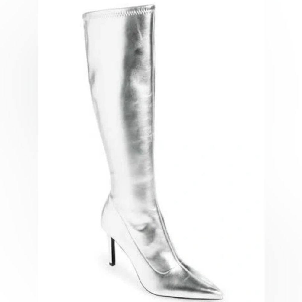 Open Edit Viv Knee High Boots Silver Metallic Pointed Toe Stiletto Womens Size 8